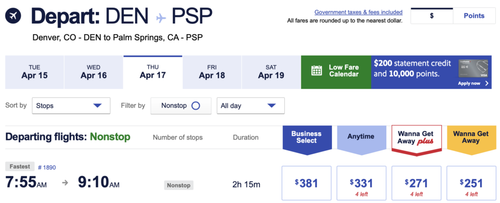 Denver to Palm Springs on Southwest